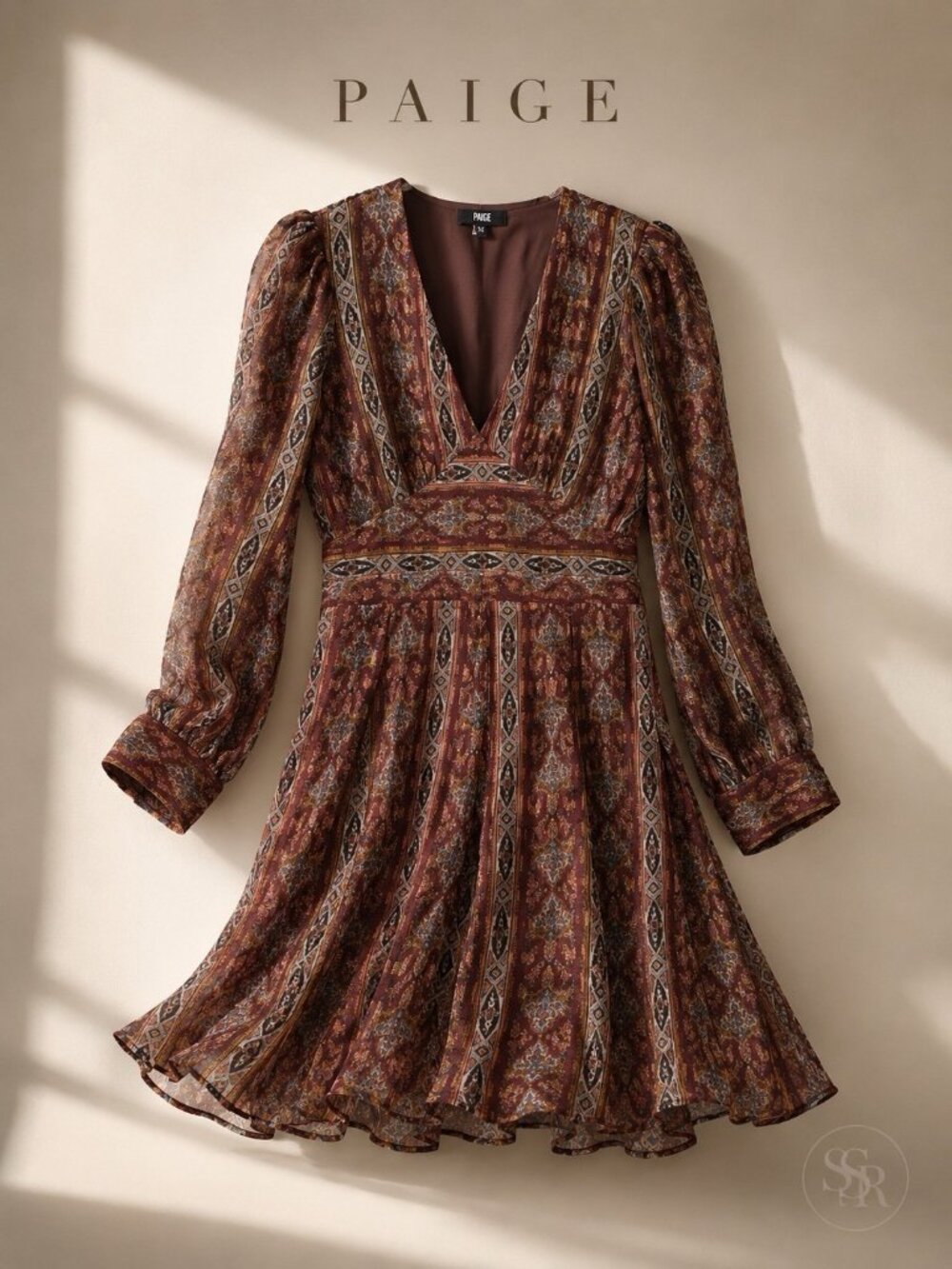 PAIGE Bucatini Boho Silk Blend Mini Dress Size 2 Landslide Multi Brown Print V-N